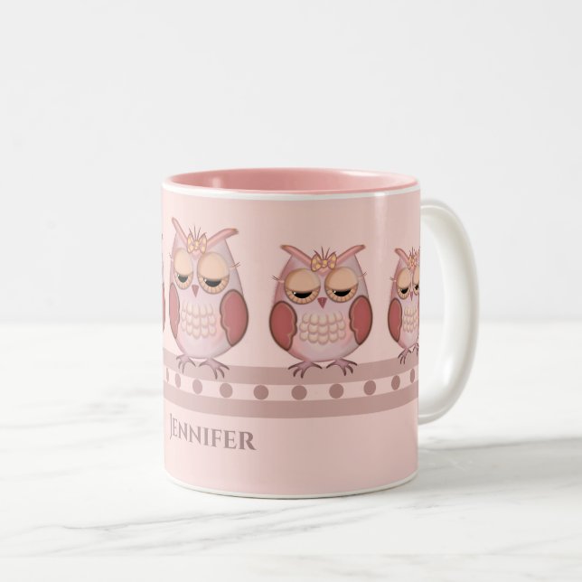 Tasse 2 Couleurs Chouettes roses et nom personnalisé (Devant droit)