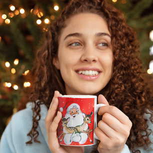 Tasse 2 Couleurs Christmas Vintage Santa Claus Holding Two Fawns
