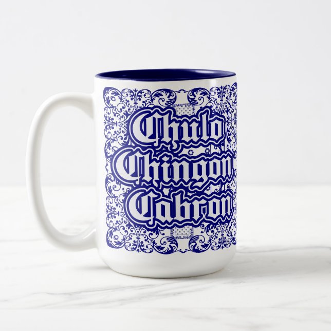 Tasse 2 Couleurs Chulo Chingon Cabron imprimé Bandana bleu (Gauche)