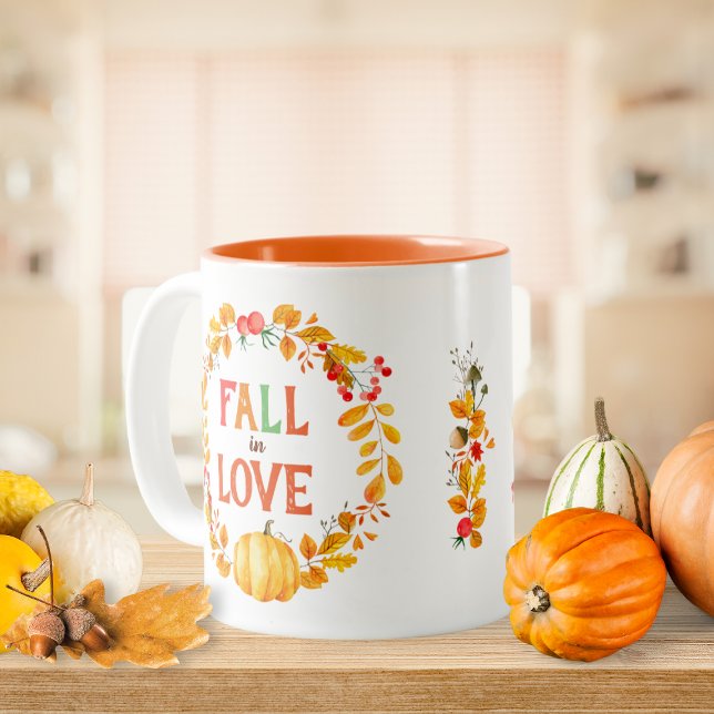 Tasse 2 Couleurs Chute en amour Wreath Automne Feuilles Citrouille (Fall in Love Wreath Autumn Leaves Pumpkin Two-Tone Coffee Mug)