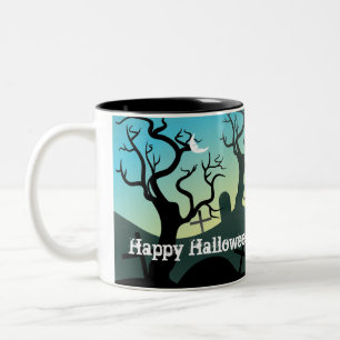 Tasse 2 Couleurs Cimetière noir, aqua, jaune Halloween personnalisé