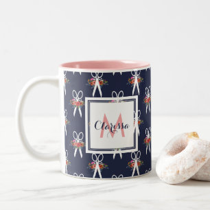 Tasse 2 Couleurs Ciseaux floraux - Monogramme bleu marine et rose
