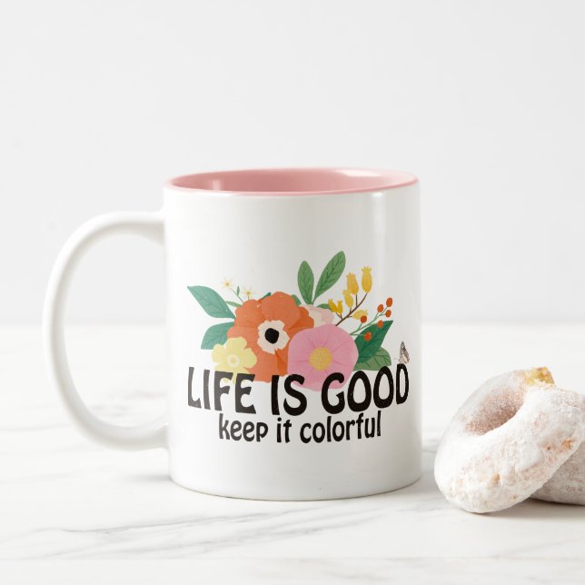 Tasse 2 Couleurs Citation positive de Hippie rétro (Avec donut)
