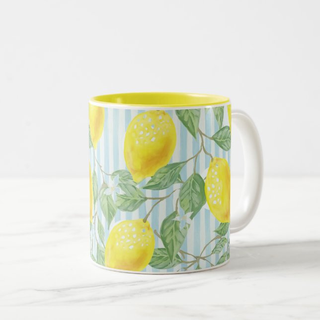 Tasse 2 Couleurs Citrons d'aquarelle et rayures bleues (Devant droit)