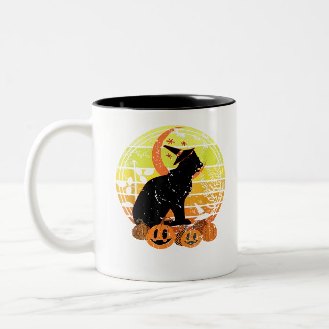 Tasse 2 Couleurs Citrouille de la lune de chat noir Casquette Hallo (Gauche)