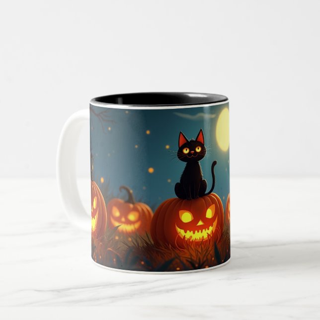 Tasse 2 Couleurs Citrouille patch de chat noir (Devant gauche)