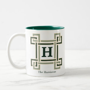 Tasse 2 Couleurs Clé grecque verte forestière classique Monogramme
