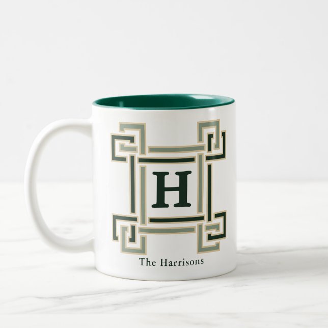 Tasse 2 Couleurs Clé grecque verte forestière classique Monogramme  (Gauche)