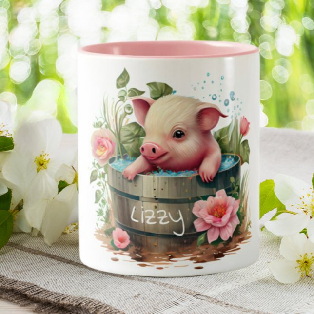 Tasse 2 Couleurs Cochon mignon dans un seau Fleurs roses Personnali (Créateur téléchargé)
