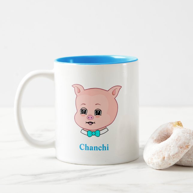 Tasse 2 Couleurs Cochonnet mignon dessin animé & calligraphie (Avec donut)