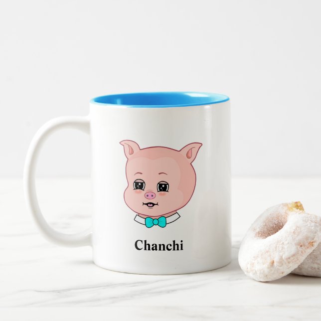 Tasse 2 Couleurs Cochonnet mignon dessin animé & calligraphie (Avec donut)