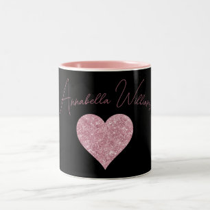 Tasse 2 Couleurs Cœur en Paillettes Roses sur Fond Noir