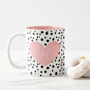 Tasse 2 Couleurs Coeur et points rose monogramme