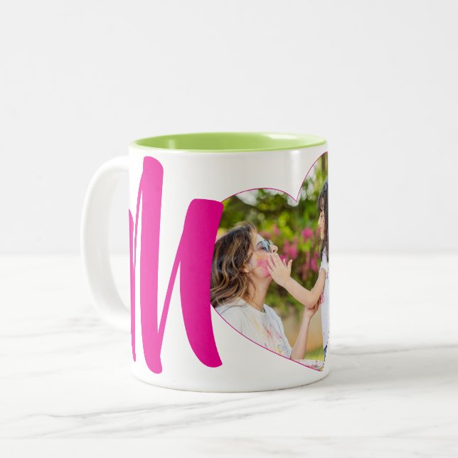 Tasse 2 Couleurs Coeur photo rose "MoM" Personnalisé (Devant gauche)