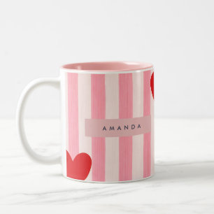 Tasse 2 Couleurs Cœur Rouge Ludique Personnalisé & Rayure Rose