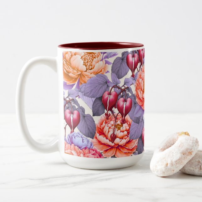 Tasse 2 Couleurs Coeur saignant romantique Floral & Peony (Avec donut)