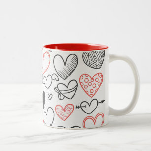 Tasse 2 Couleurs Coeurs de doodle Valentine rouge et noir hipster