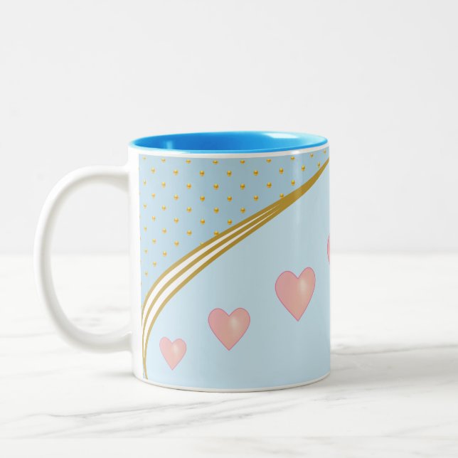 Tasse 2 Couleurs Cœurs et confettis dorés sur fond bleu clair (Gauche)