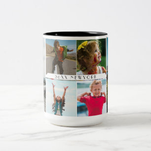 Tasse 2 Couleurs Collage de photos familiales avec 6 photos et text