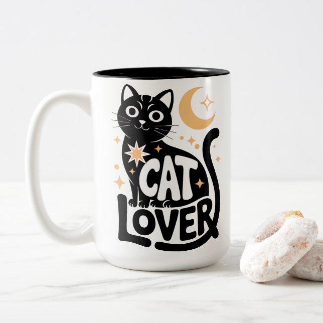 Tasse 2 Couleurs Conception d'amour de chat noir de magie céleste (Avec donut)