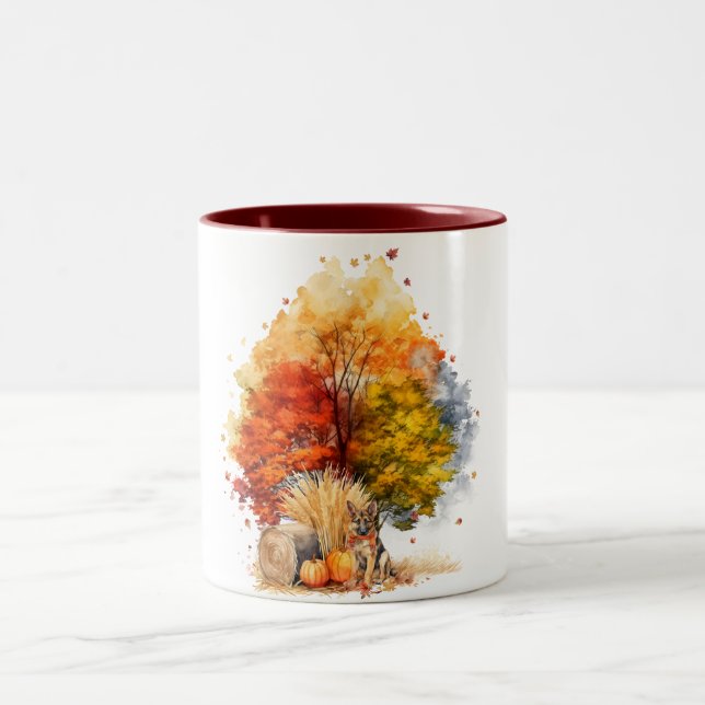 Tasse 2 Couleurs Conception de chien d'automne à l'aquarelle - Berg (Centre)