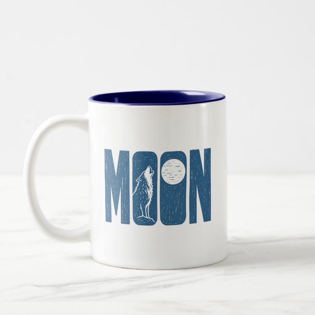 Tasse 2 Couleurs Conception de linogravure Halloween Moon Wolf (Gauche)