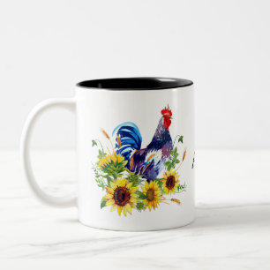 Tasse 2 Couleurs Coq avec tournesol Aquarelle personnalisée
