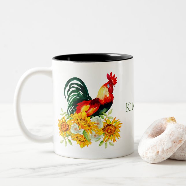 Tasse 2 Couleurs Coq avec tournesol Aquarelle personnalisée Tw (Avec donut)