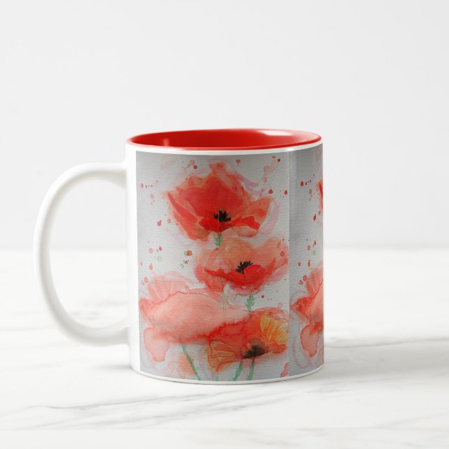 Tasse 2 Couleurs Coquelicots Rouge Clair Aquarelle Fleurale Anniver (Gauche)