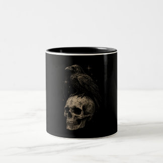 Tasse 2 Couleurs Corbeau gothique sur crâne, mystère vintage.