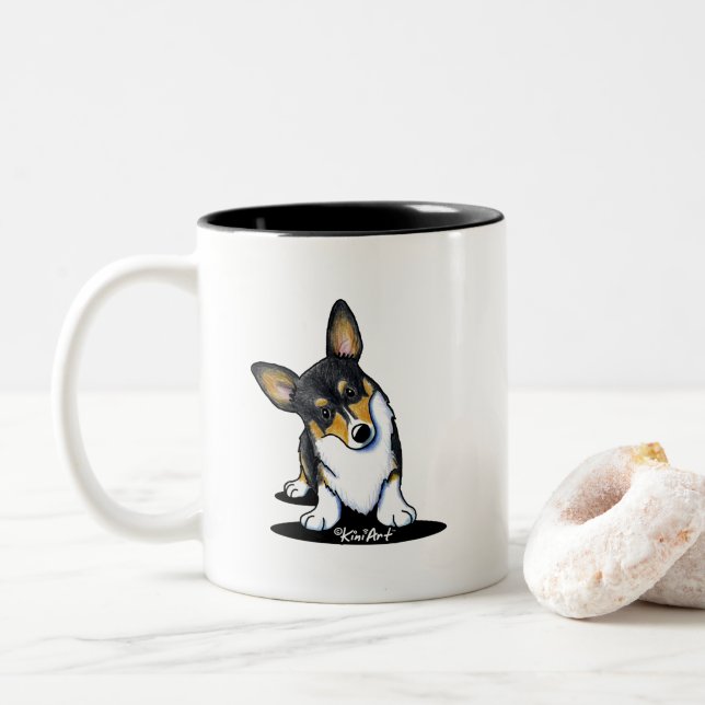 Tasse 2 Couleurs Corgi curieux de KiniArt (Avec donut)