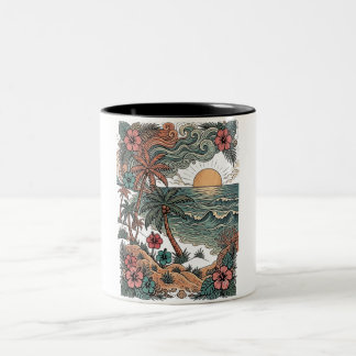 Tasse 2 Couleurs Coucher de soleil vintage à Hawaï et palmiers