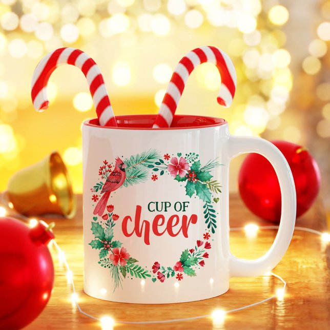 Tasse 2 Couleurs Coupe de Noël couleur Aquarelle verte de Cheer (Watercolor Christmas Wreath with Cardinal Bird Two-Tone Coffee Mug)