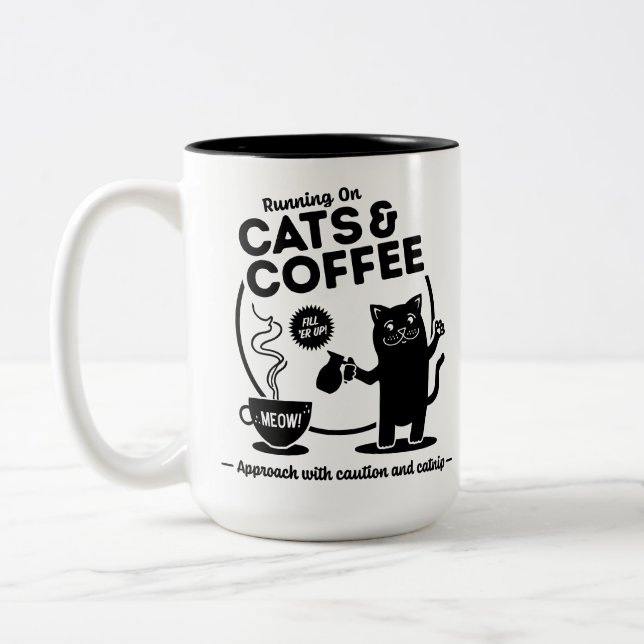 Tasse 2 Couleurs Courir sur Chats et Café 15 oz. (Gauche)