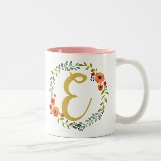 Tasse 2 Couleurs Couronne de fleurs Monogramme doré Initiale E (Droit)