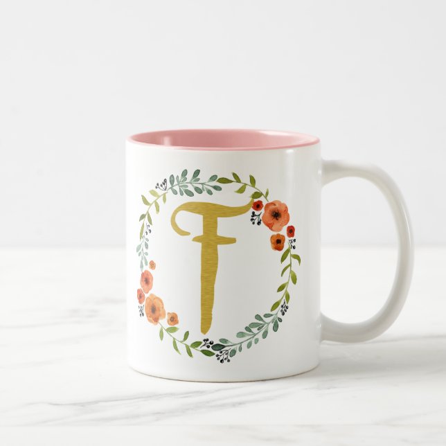 Tasse 2 Couleurs Couronne de fleurs monogramme or initial F (Droit)