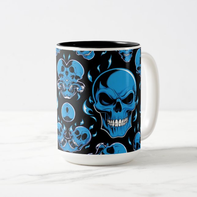 Tasse 2 Couleurs Crâne de flamme bleu pour halloween (Devant droit)
