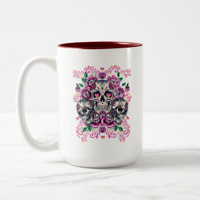 Tasse 2 Couleurs Crâne floral, squelette aquarelle rose, Halloween (Gauche)