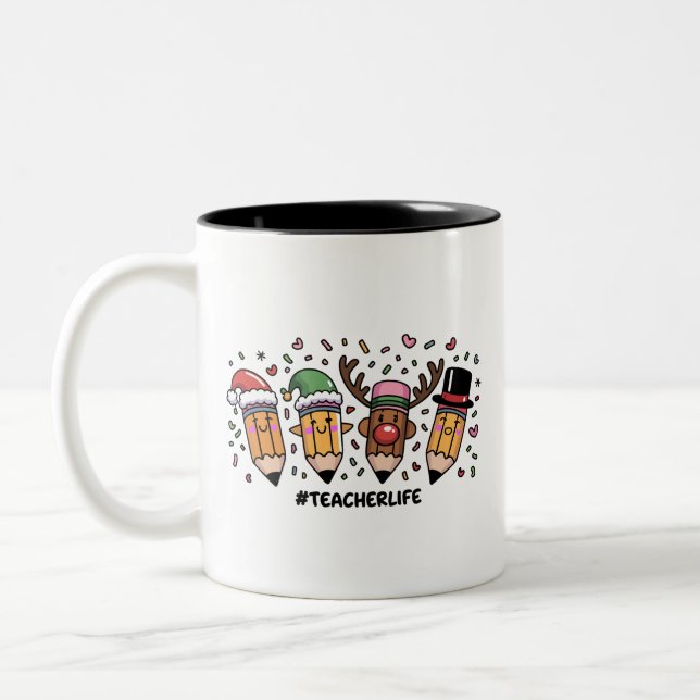 Tasse 2 Couleurs Crayons de Noël Enseignant Vie d'enseignant Joyeux (Gauche)