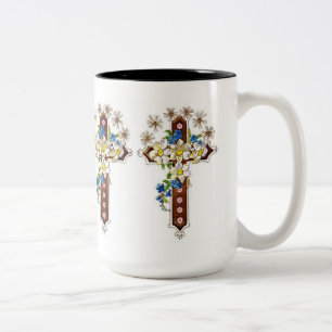 Tasse 2 Couleurs Croix Chrétienne Avec Halo Fleurs