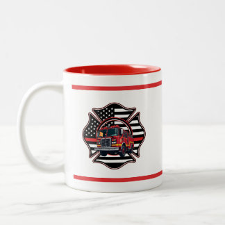 Tasse 2 Couleurs Croix de Malte de pompier, ligne rouge fine, camio