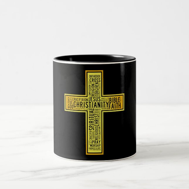 Tasse 2 Couleurs Croix d'or chrétienne - conception de texte (Centre)