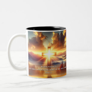 Tasse 2 Couleurs Croix d'or dans un pré d'automne à l'aube