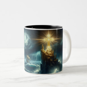 Tasse 2 Couleurs Croix d'or qui guide un navire sur une mer orageus