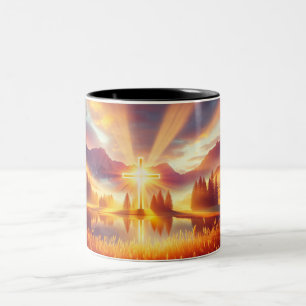 Tasse 2 Couleurs Croix d'or sous un glorieux lever de soleil