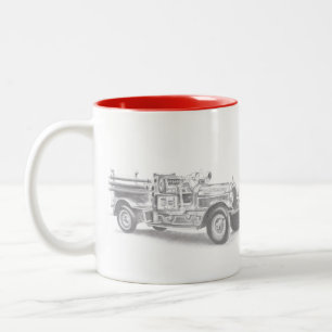 Tasse 2 Couleurs croquis au crayon de camion de pompiers vintage de