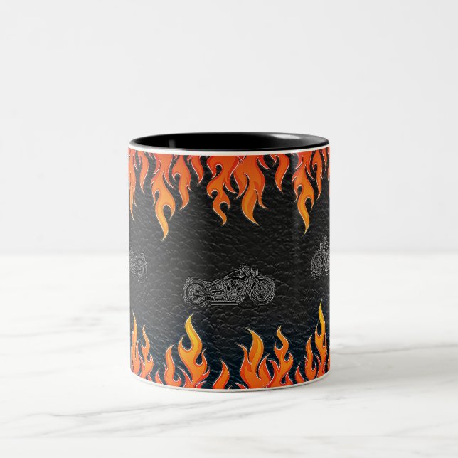 Tasse 2 Couleurs Cuir Noir Flammes Orange Feu Chaud Moto (Centre)