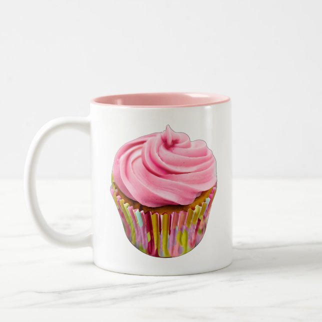 Tasse 2 Couleurs Cupcake aux fraises avec givre rose (Gauche)