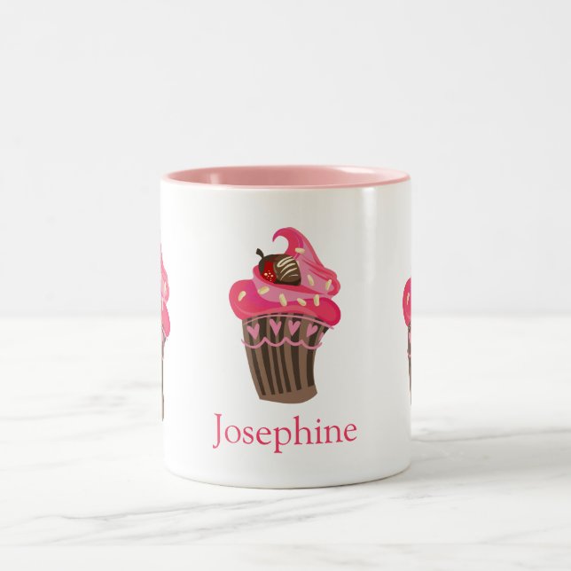 Tasse 2 Couleurs Cupcake rose blanc personnalisé (Centre)