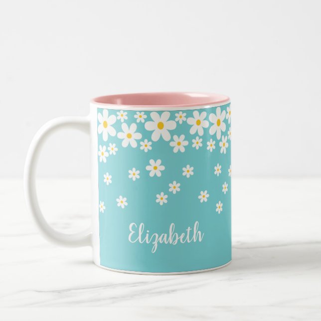 Tasse 2 Couleurs Cute Aqua et Yellow Whimsical Daisy Texte personna (Gauche)